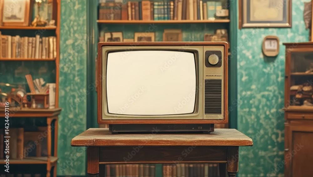 Vintage television in a cozy antique room. A retro CRT TV sits on a wooden table in a warm, dimly lit room filled with bookshelves, antique furniture and a vintage wallpaper pattern