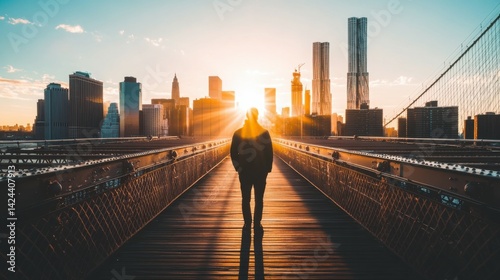A person stands on a bridge looking out over the city as the sun rises, symbolizing new beginnings and a sense of peaceful reflection.
