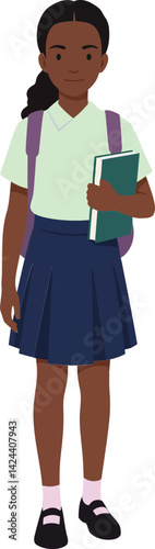 Schoolgirl carrying books and backpack in uniform standing isolated vector illustration of student education concept