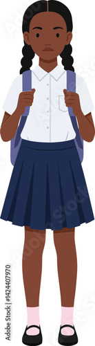Schoolgirl standing with backpack in uniform white shirt and navy blue skirt vector illustration