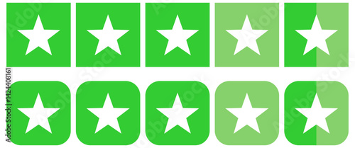 Green product review stars business element icons. feedback, and ratings. set of five green stars for customer reviews, use for apps and websites.