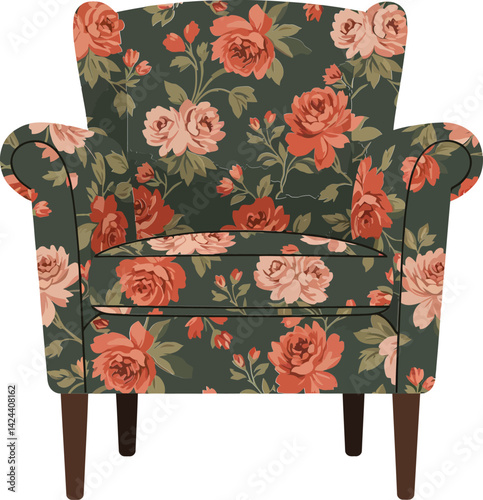 Floral pattern armchair with green background and pink roses comfortable living room furniture vector illustration