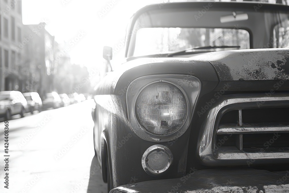 Vintage truck parked on city street. Close-up view of weathered front end