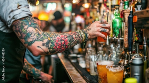Bartender with tattooed arm holding a cocktail while preparing drinks at a busy bar, surrounded by various bottles and bar tools.