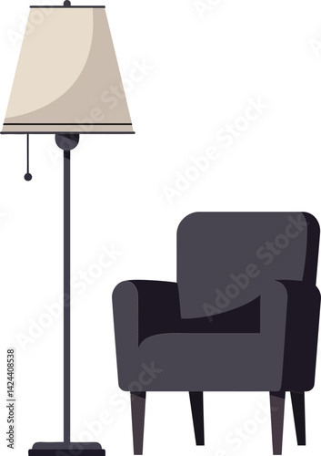 Floor lamp with beige shade and dark armchair vector illustration for interior design and home comfort