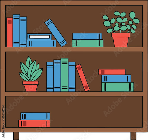 Bookshelf with colorful books and potted plants vector illustration in simple style