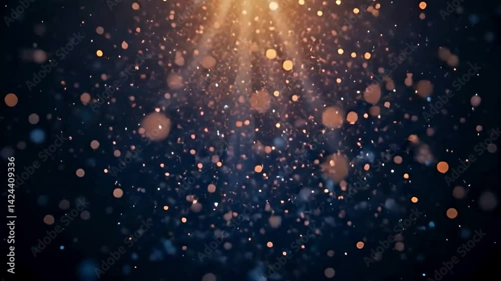 Golden light particles and sparkling bokeh floating on dark blue background falling from above Golden light particles and sparkling bokeh floating on dark blue background falling from above