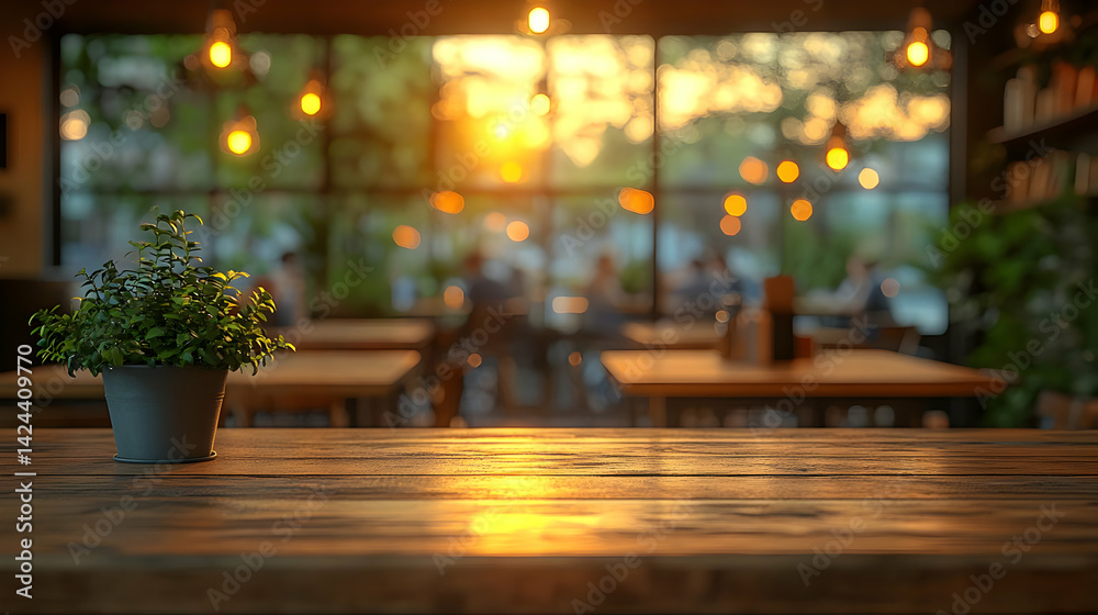 Warm Lit Rustic Cafe Interior with Empty Wooden Table and Plant