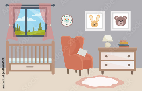 Vector illustration of a cozy baby room interior in flat style. Nursery with a crib, armchair, drawer chest, books, table lamp, framed animal pictures, and a window with a scenic daytime view.