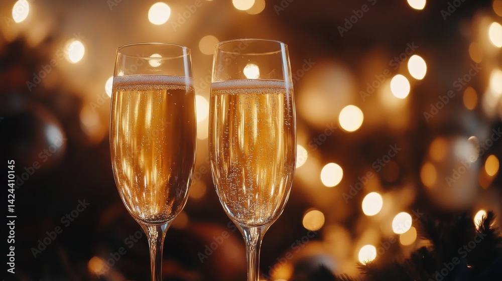 Two champagne glasses filled with sparkling champagne standing among festive holiday decorations surrounded by a beautiful bokeh light background. Two champagne glasses filled with sparkling champagne standing among festive holiday decorations surrounded by a beautiful bokeh light background.