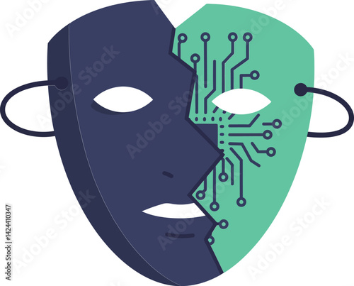 Cybernetic mask with digital circuit half and dark blue half representing AI and human fusion vector illustration