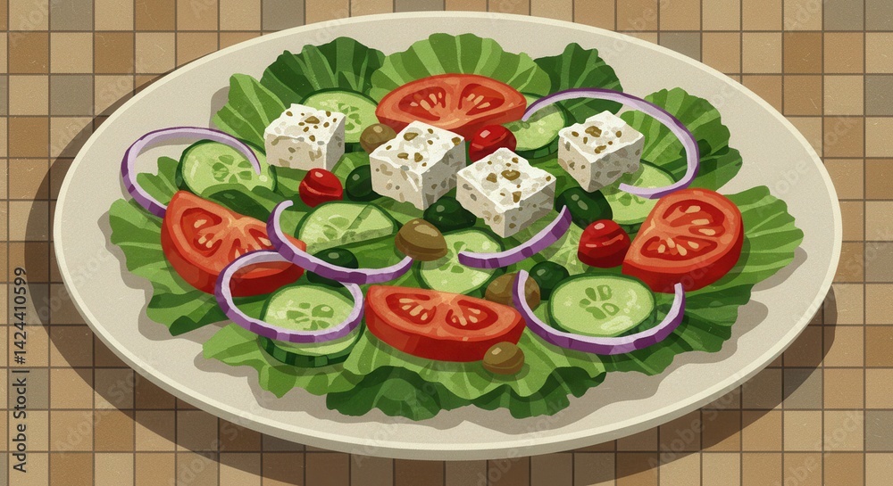 Illustration of a Greek salad depicted in a mosaic tile style. Small, distinct geometric shapes (squares, triangles) of color representing the ingredients arranged tightly together