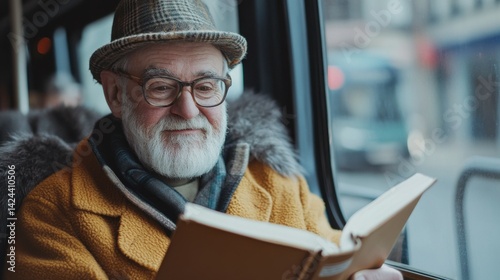 Senior man reading book while traveling with bus