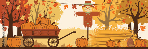 Autumn flat vector illustration of pumpkin patch, scarecrow, and hayride – Great for fall marketing campaigns, Halloween events, or rustic-themed content.