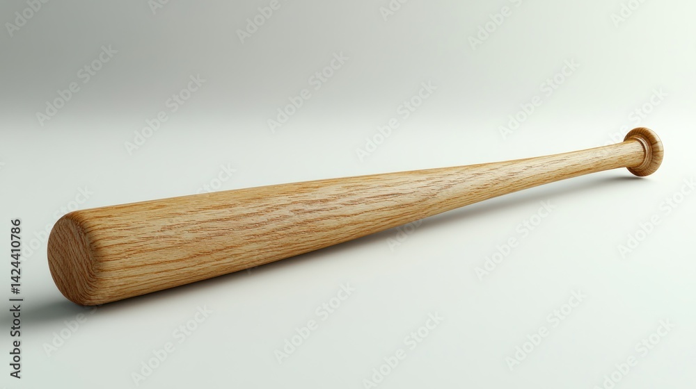 Wooden baseball bat resting on white background in soft lighting Wooden baseball bat resting on white background in soft lighting