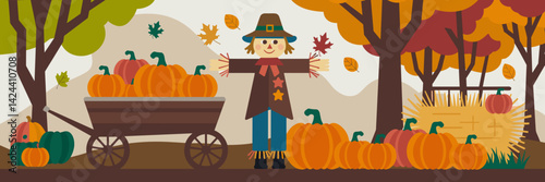 Flat vector illustration of a pumpkin patch with autumn farm icons in rustic style