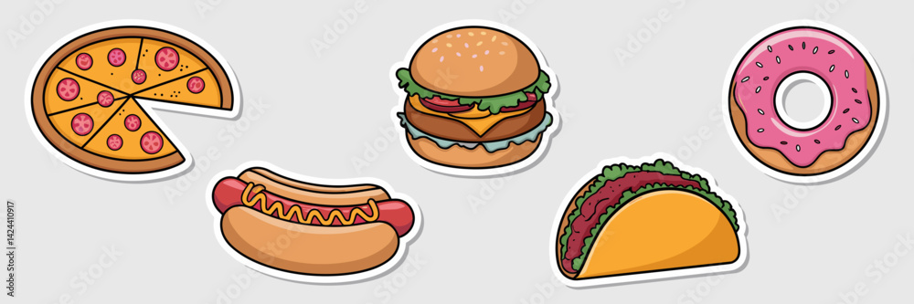Vector food sticker set featuring a pizza slice, burger, hot dog, taco, and donut – Perfect for advertising, packaging, or food-related projects. Vector food sticker set featuring a pizza slice, burger, hot dog, taco, and donut – Perfect for advertising, packaging, or food-related projects.