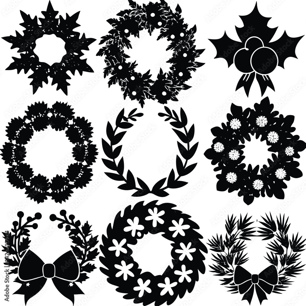 Fototapeta premium Collection of Nine Black and White Christmas Wreaths