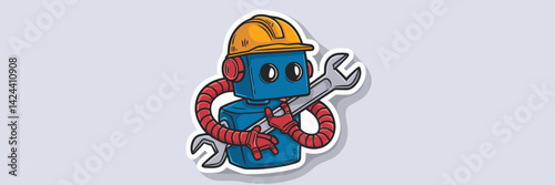 Vector sticker of a robot with a wrench – Ideal for tech marketing, robotics promotions, or mechanical design.