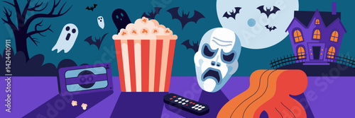 Spooky flat vector style illustration of a horror movie night with spooky background