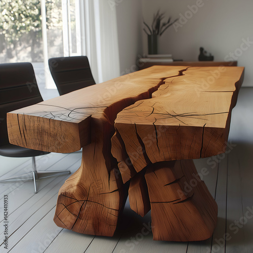 Cracked Wooden Desk with Natural Knots and Symbolic Accent