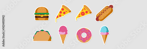 Vector food sticker collection featuring a hamburger, pizza slice, hot dog, taco, donut, and ice cream – Perfect for illustration purposes, food blogs, or restaurant decor.