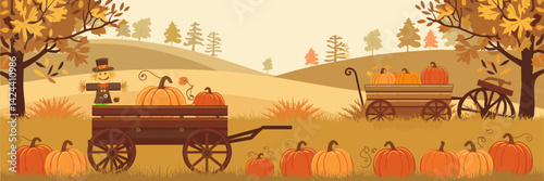 Rustic autumn flat vector style image of a pumpkin patch in the countryside