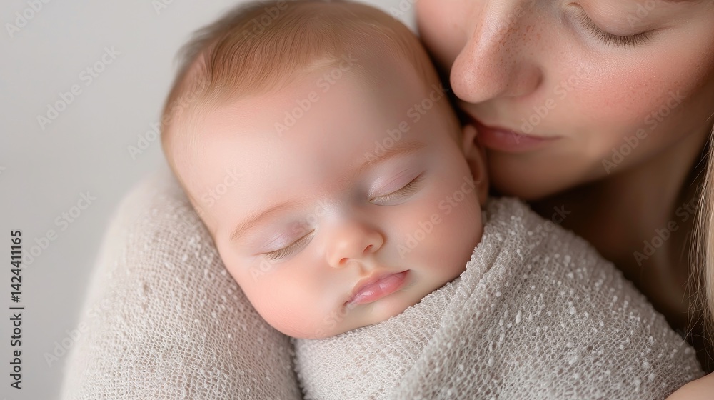 Mother gently cradling sleeping baby Mother gently cradling sleeping baby