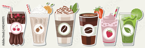 Variety of vector drinks with labels, including soda, milkshake, coffee, smoothie, and green drink