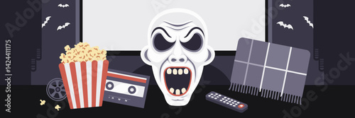 Spooky flat vector style horror movie night scene with creepy mask and popcorn