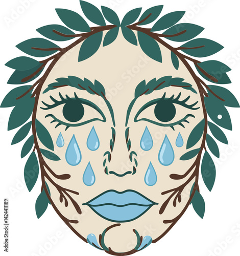 Face of nature spirit with blue tears and leaf crown artwork vector illustration
