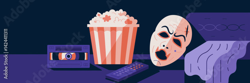 Spooky flat vector illustration of a horror movie night with VHS and remote control