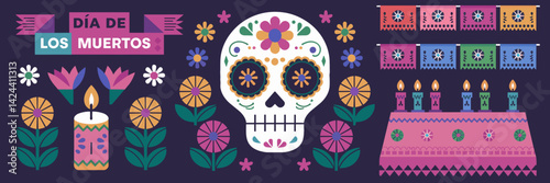 Vibrant Dia de los Muertos vector illustration with sugar skull, marigold flowers, candles, and altar – Great for Day of the Dead celebrations, cultural events, or festive marketing.