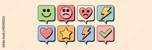 Vector illustration of a set of expressive face stickers in speech bubbles – Great for emotional expression, digital design, or messaging content.