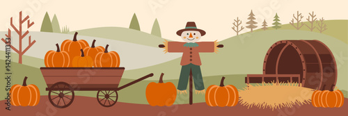 Rustic autumn flat vector illustration of a pumpkin patch with fall farm icons