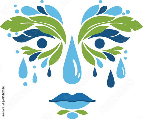 Abstract human face composed of blue and green water drops and leaves nature inspired vector illustration
