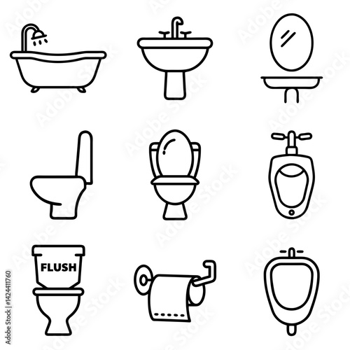 Bathroom icons collection in minimalist style, icons set, vector  