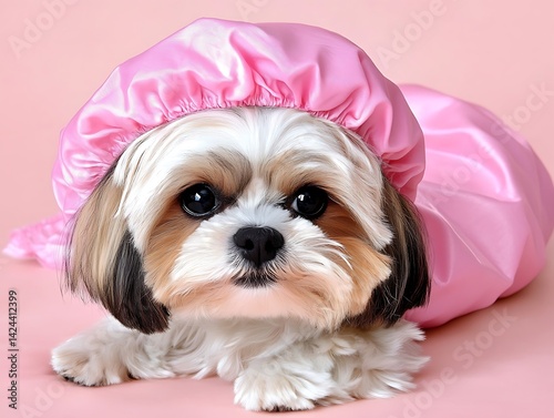 Cute dog in pink shower cap. photo