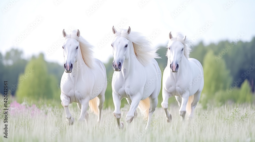 Obraz premium Three majestic white horses galloping across a field