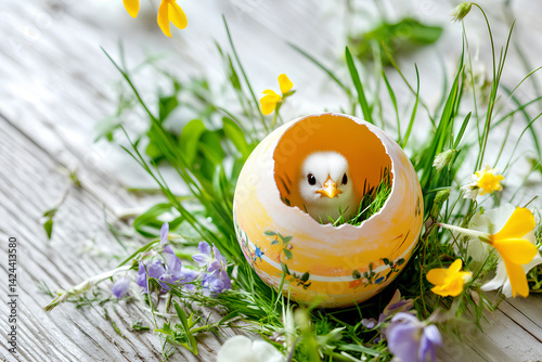 A beautifully decorated Easter egg surrounded by vibrant spring flowers on a rustic wooden background, perfect for Easter celebrations photo