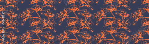 Abstract floral pattern. Stylish, repeating design with burnt orange stylized flowers on a deep navy blue background. Perfect for textile prints, wallpaper, website backgrounds, or fashion designs.