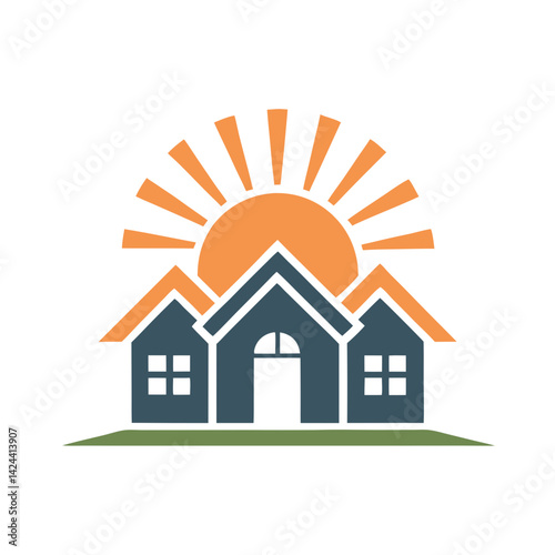 Three Houses with Sunrise: Real Estate Vector Graphic