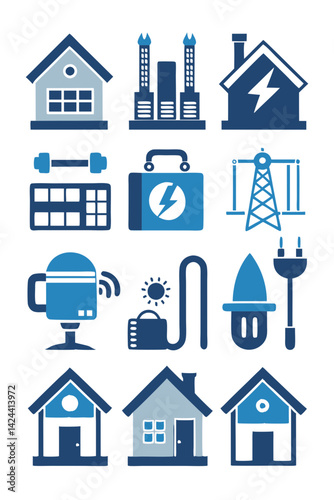 Energy Icons: Homes, Power Plant, Transmission, and More