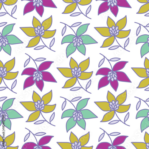 Vintage seamless floral pattern. Liberty style background of small mauve and lilac flowers. Small flowers scattered over a white background. Stock for printing on surfaces