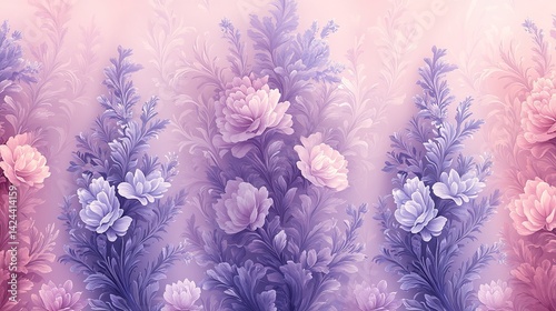 Delicate floral wallpaper design.  Soft pastel shades of pink and purple, featuring detailed, stylized roses and foliage.  A gentle, romantic aesthetic