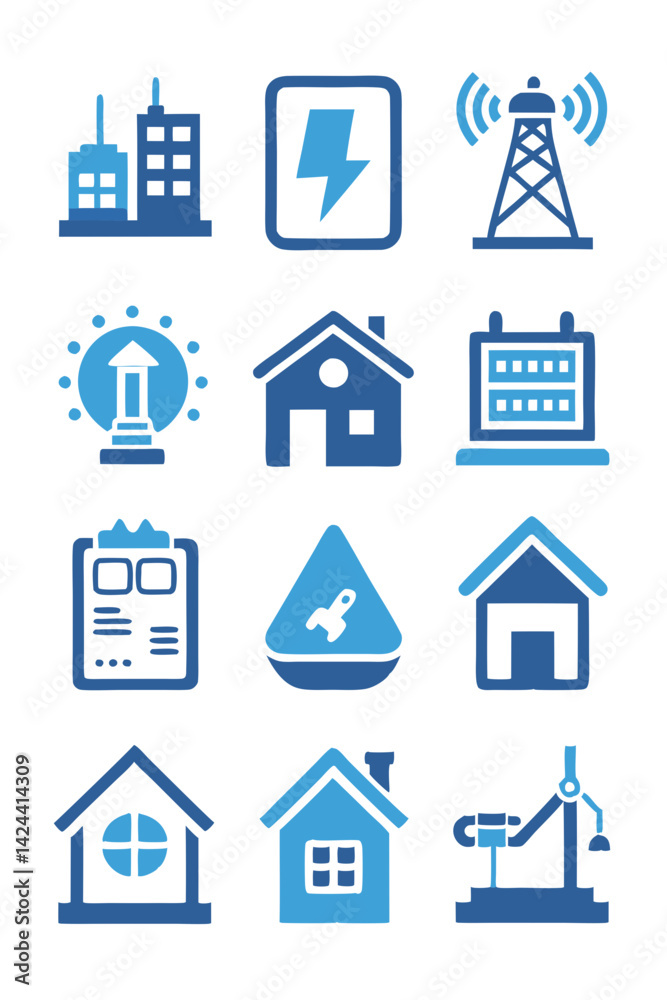 Blue Vector Icons: Business, Energy, Communication, and Real Estate Blue Vector Icons: Business, Energy, Communication, and Real Estate