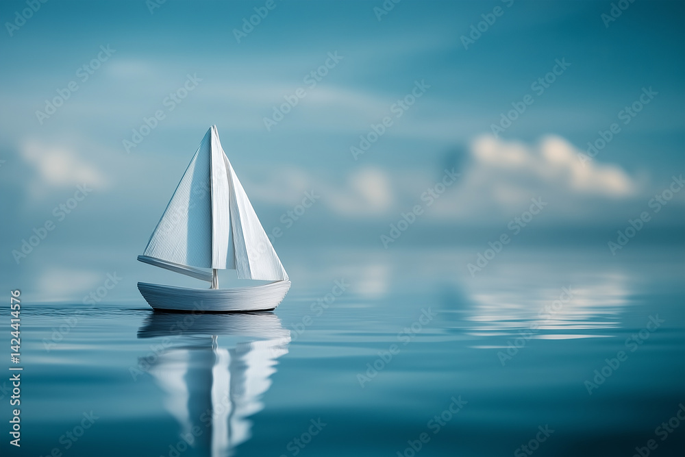 Obraz premium Paper Boat Floating on Calm Blue Sea
