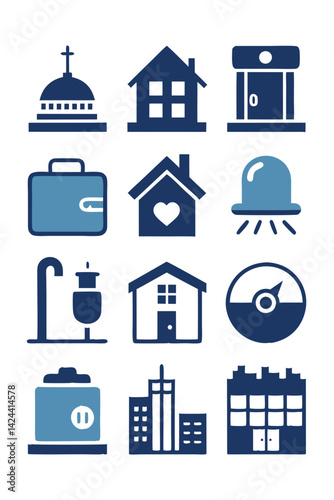Blue Icon Set Representing Urban and Home Concepts