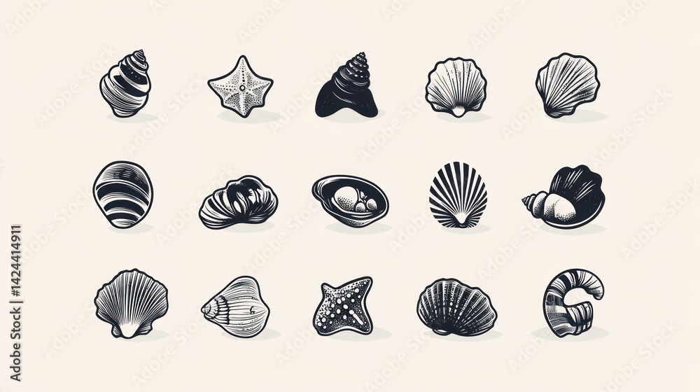 Fototapeta premium Seashells collection, monochrome, various types, beach background, design element