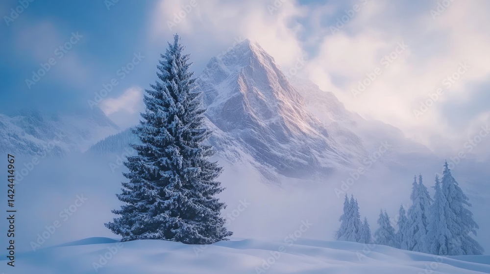 Time lapse of clouds flowing over snowy mountain with Christmas tree in the foreground Time lapse of clouds flowing over snowy mountain with Christmas tree in the foreground